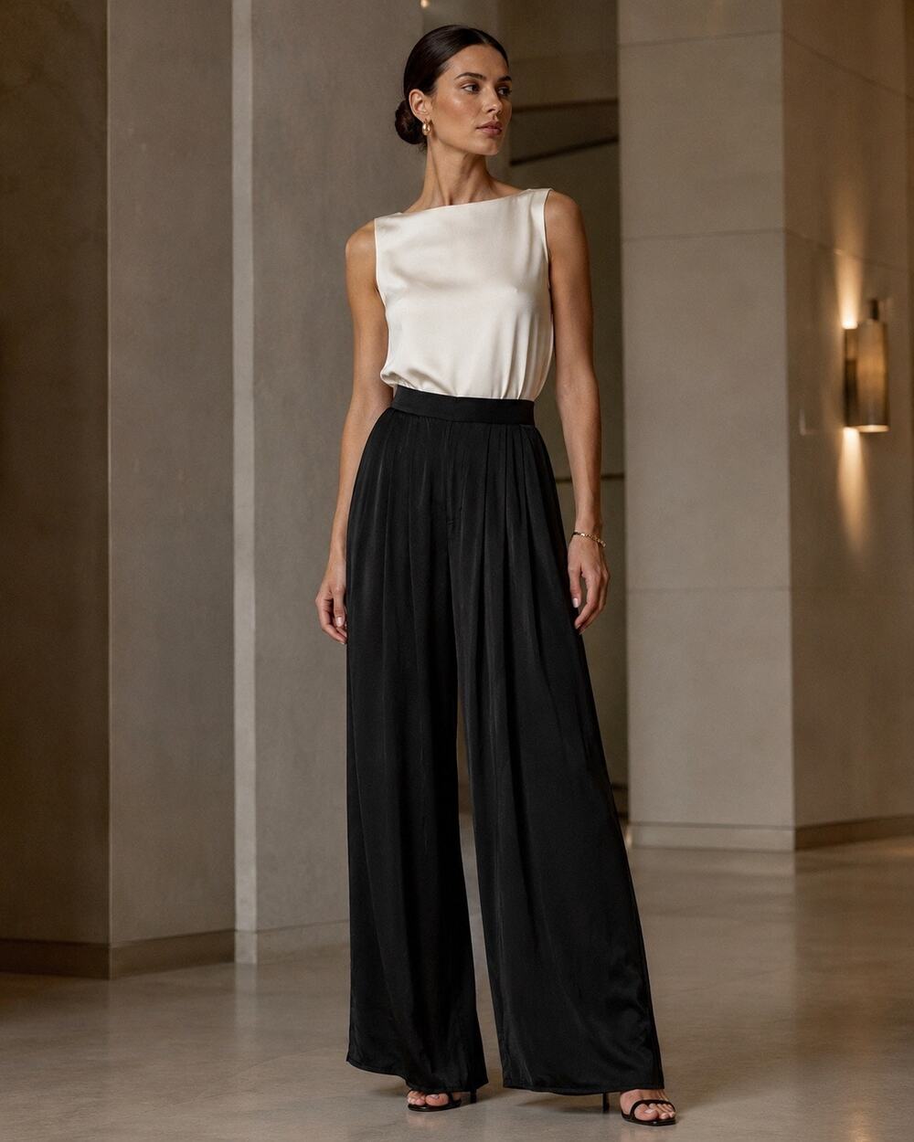 Quiet Luxury Evening Formal St John Couture 100% Silk Black Wide Leg Pants 14